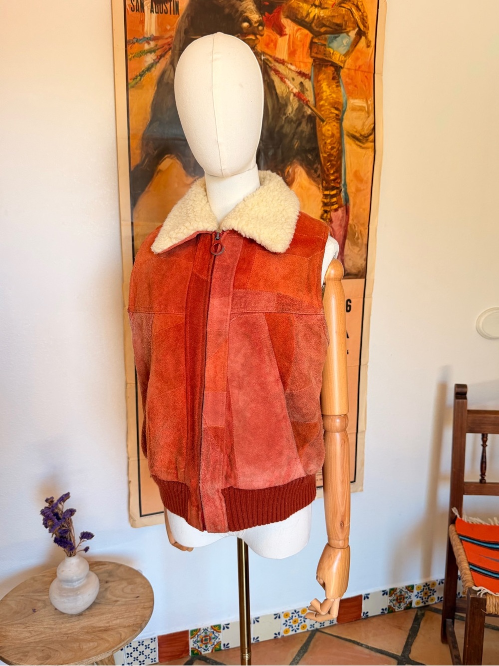 Vintage 70s Rust Shearling-Collar Suede Leather Patchwork Vest Size L